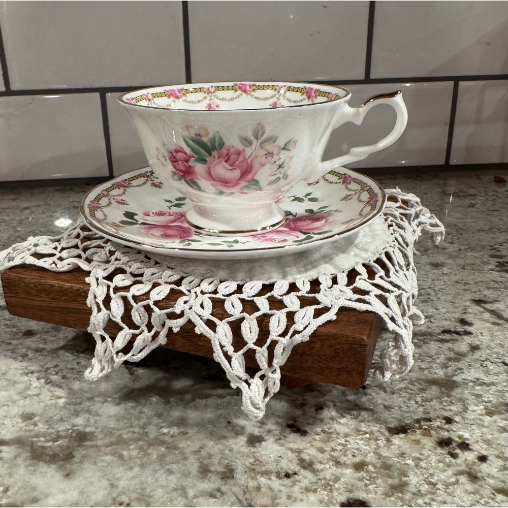 Allyn Nelson Fine Bone China Pink Rose Teacup and Saucer Set Made in England